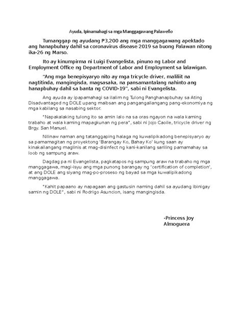 halimbawa ng news writing sa filipino
